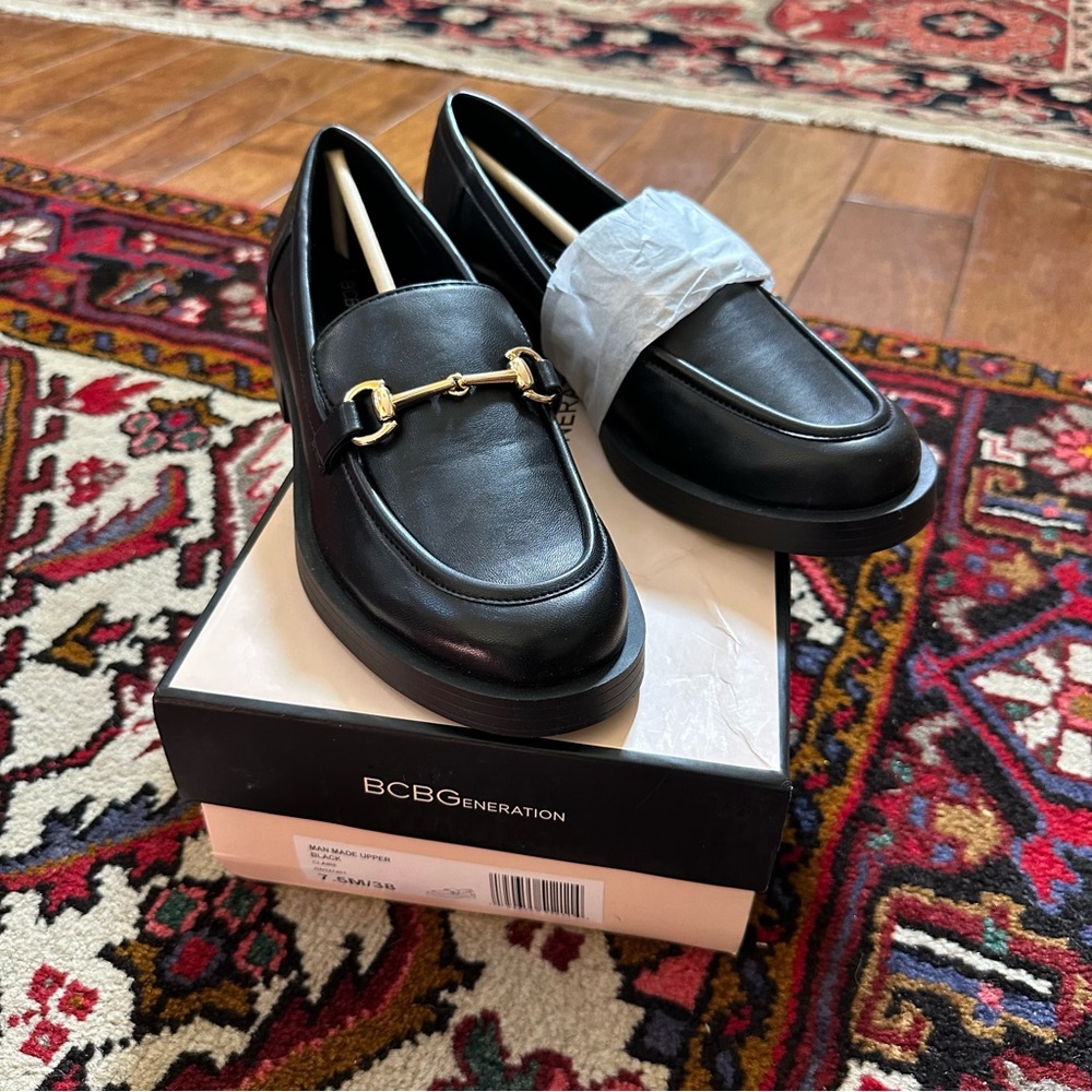 BCBG Black Leather Loafers with Gold Buckle - Picture 2 of 6